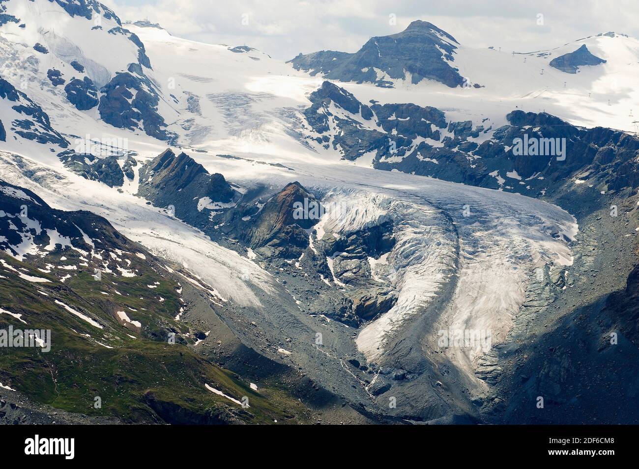 Gornergrat glacier with main and secondary glaciers, cirques, hanging valleys, aretes, horns, crevases and moraines. Alps, Switzerland. Stock Photo