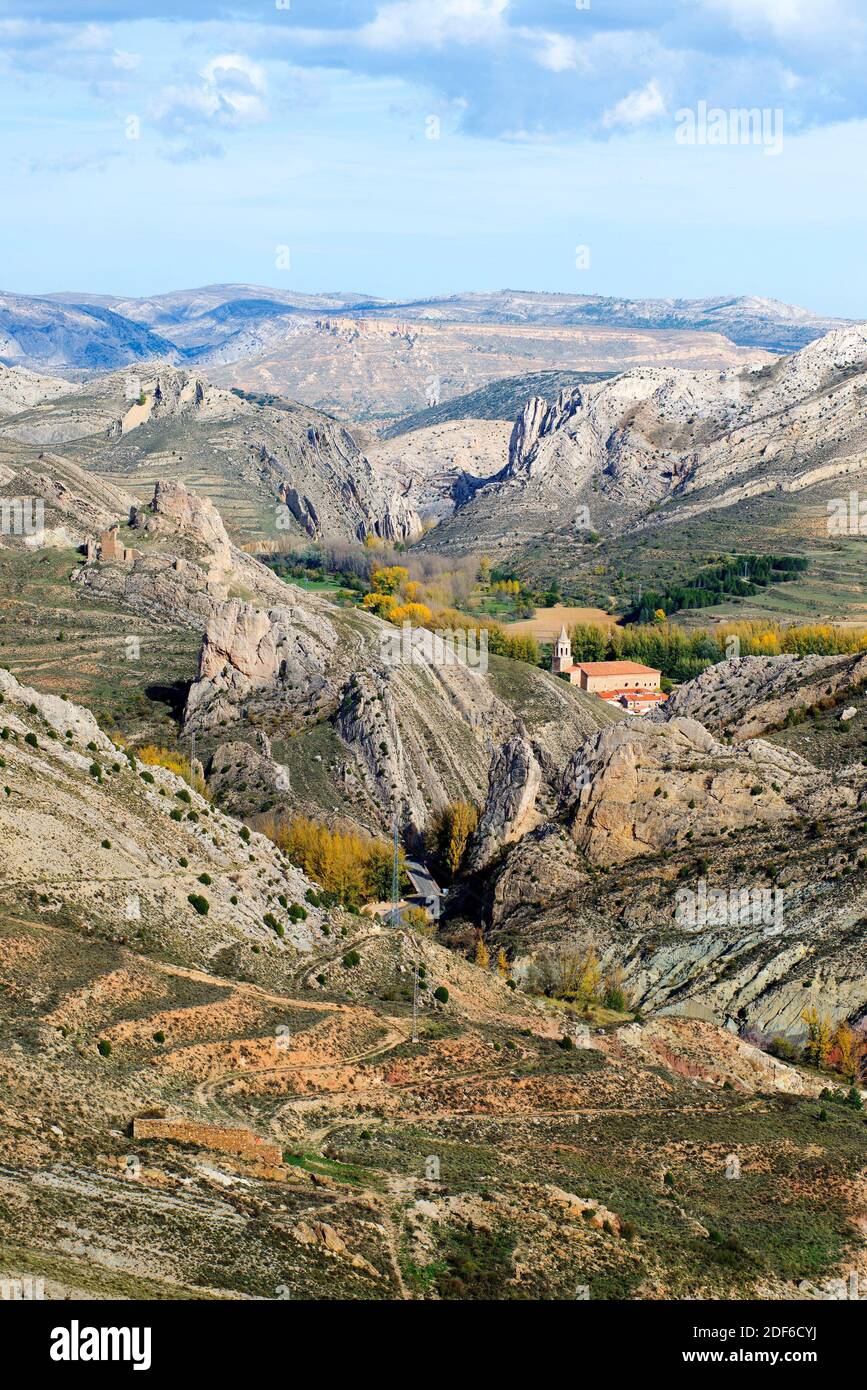 Folds in Aliaga Geopark. This exeptional geologic place is located in El Maeztrazgo, Teruel, Aragon, Spain. Stock Photo