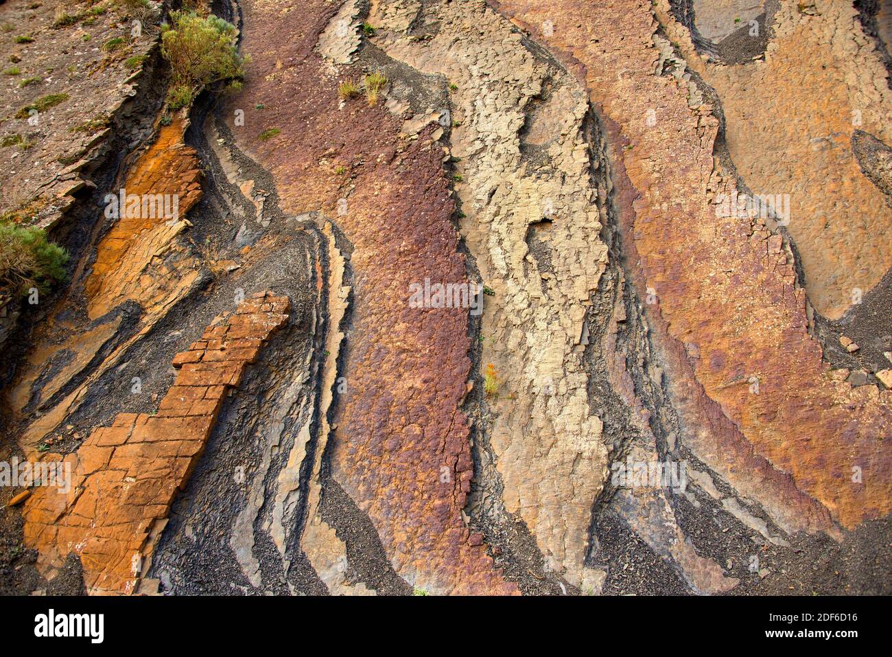 Colorful vertical strata composed of red sandstone and black lutites rich in organic matter.This geological formation known as Ribero Pintado is Stock Photo