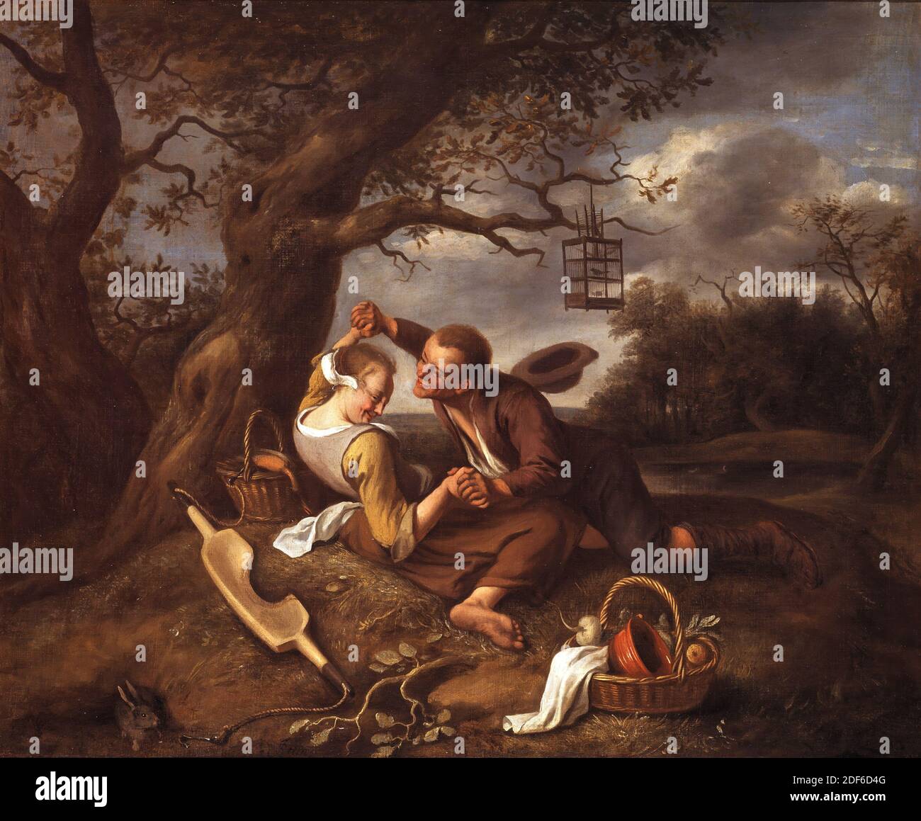 painting, Jan Steen, c. 1660, Signature front, bottom left, under yoke: JSteen (JS in one), canvas, oil paint, painted, General (dimensions according to catalog 1983): 65.5 × 80cm (655 × 800mm), With frame: 83.5 × 99 × 5.5cm (835 × 990 × 55mm), girl, landscape, rabbit, genre, boy, tree, Silver token from the bailiff of the former district court in Leiden. The medal is round in shape with a ring on the front: stamped the coat of arms of the Netherlands with the caption: KONINGRYK DER NEDERLANDEN On the back: Engraved the inscription: ARRONDISSEMENTS REGTBANK TE LEYDEN Stock Photo