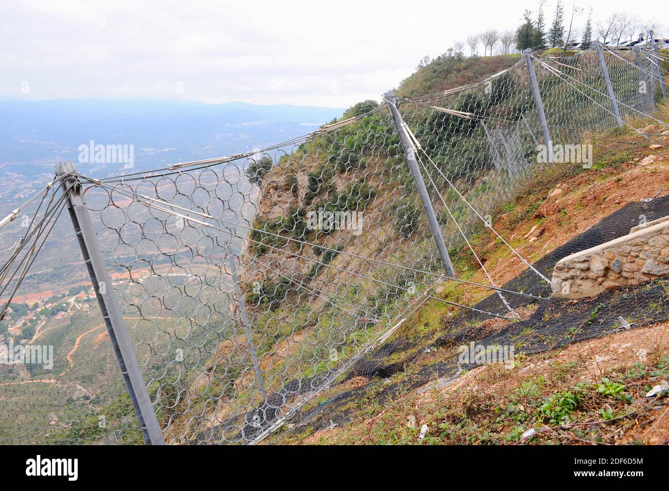 Risk, slope protection to avoid landslides in Montserrat, Barcelona, Catalonia, Spain. Stock Photo