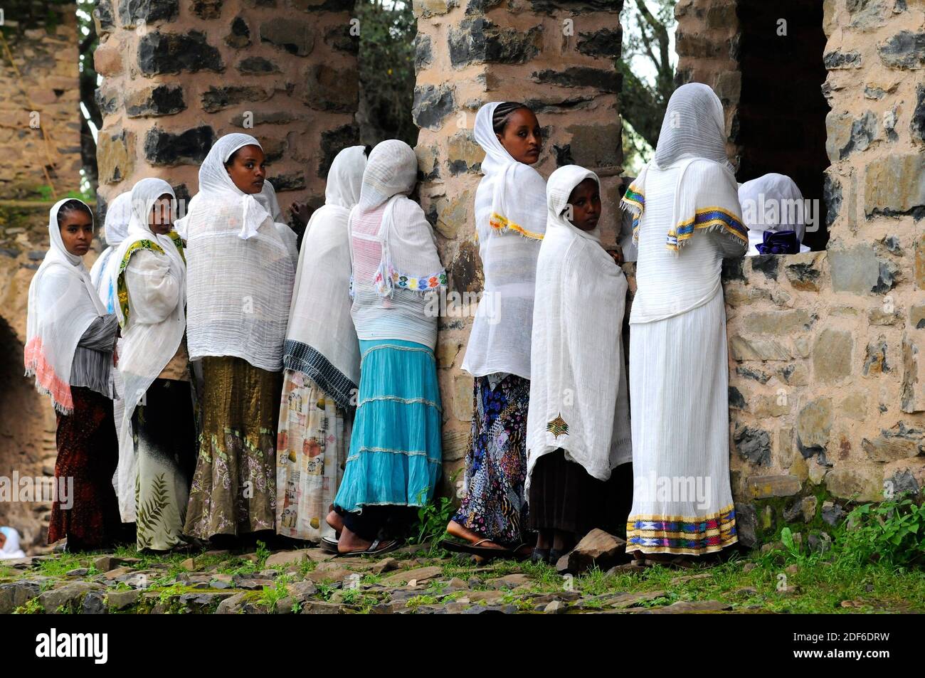 Orthodox faithful attending a religious act in Debre Berhan Selassie, Gondar, Ethiopia. Stock Photo