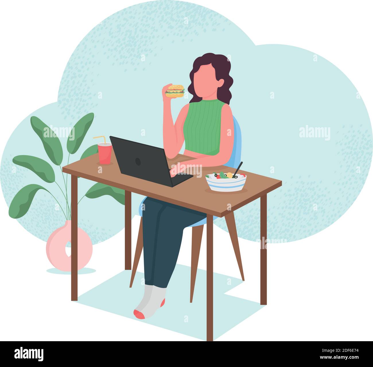 Woman eating at computer desk flat color vector faceless character Stock Vector