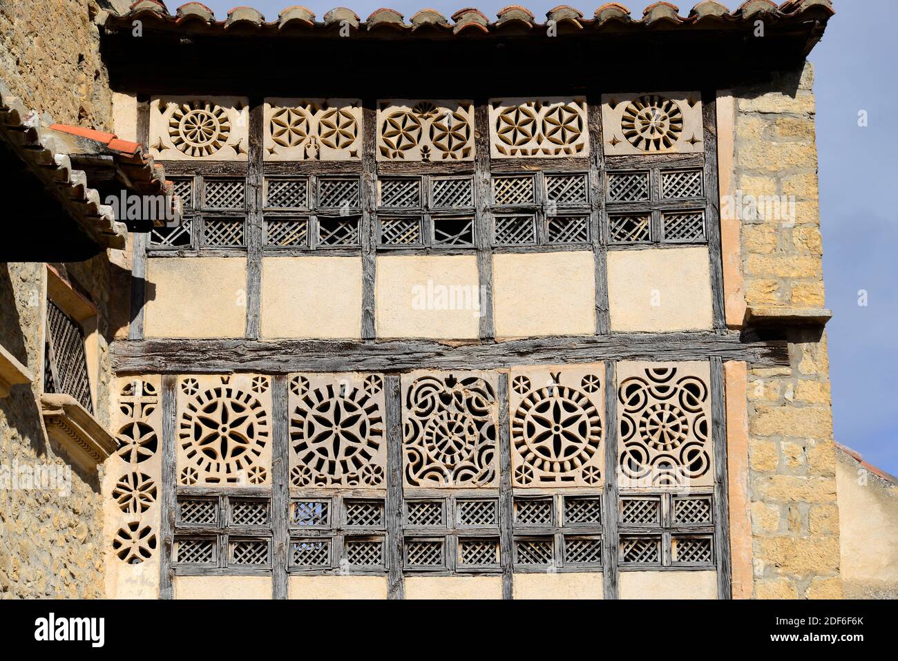 Mirambel, Convento de las Agustinas (jalousie detail). Alto Maestrazgo, Teruel province, Aragon, Spain. Stock Photo
