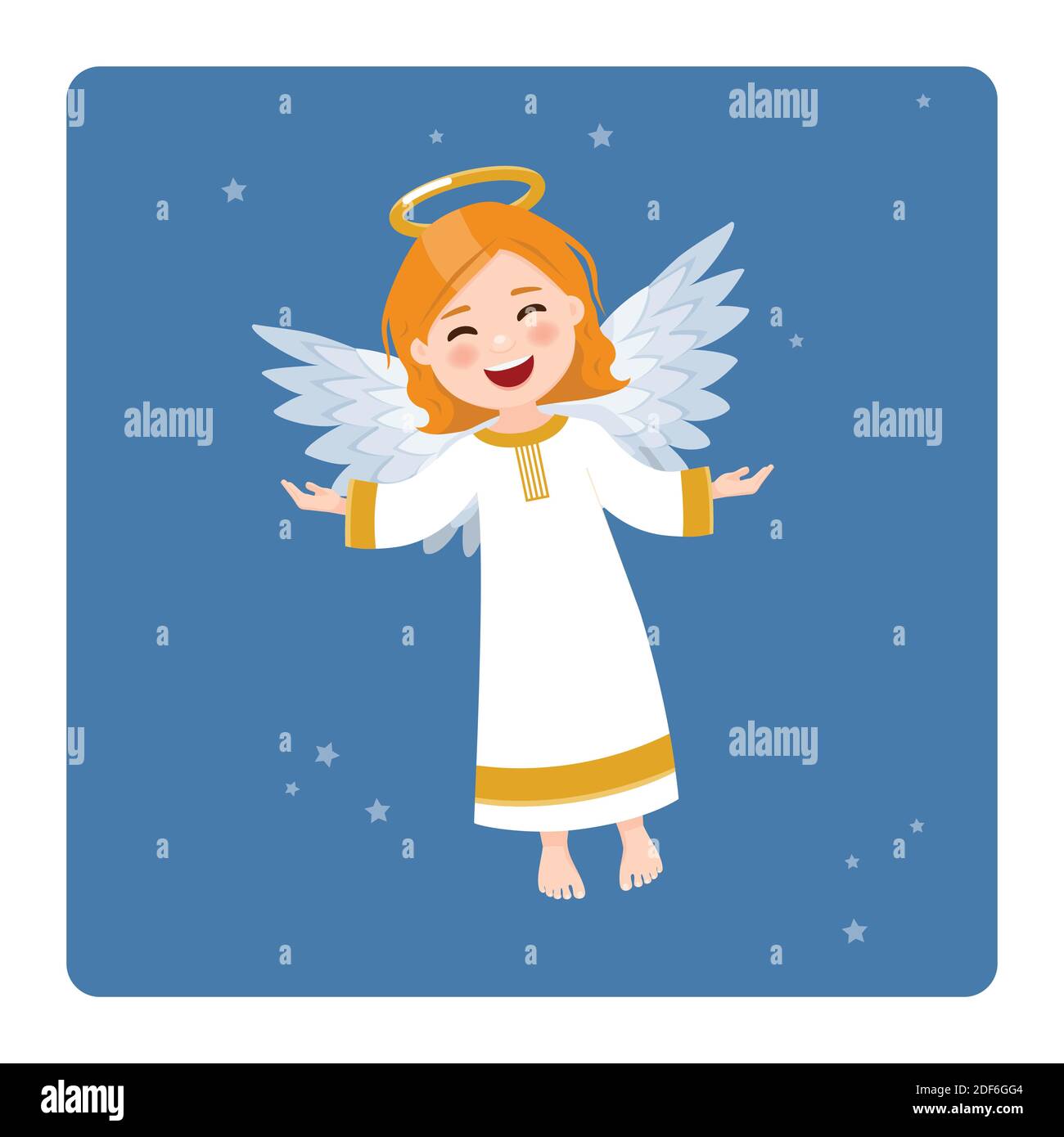 Flying angel on blue sky and stars background. Flat vector illustration ...
