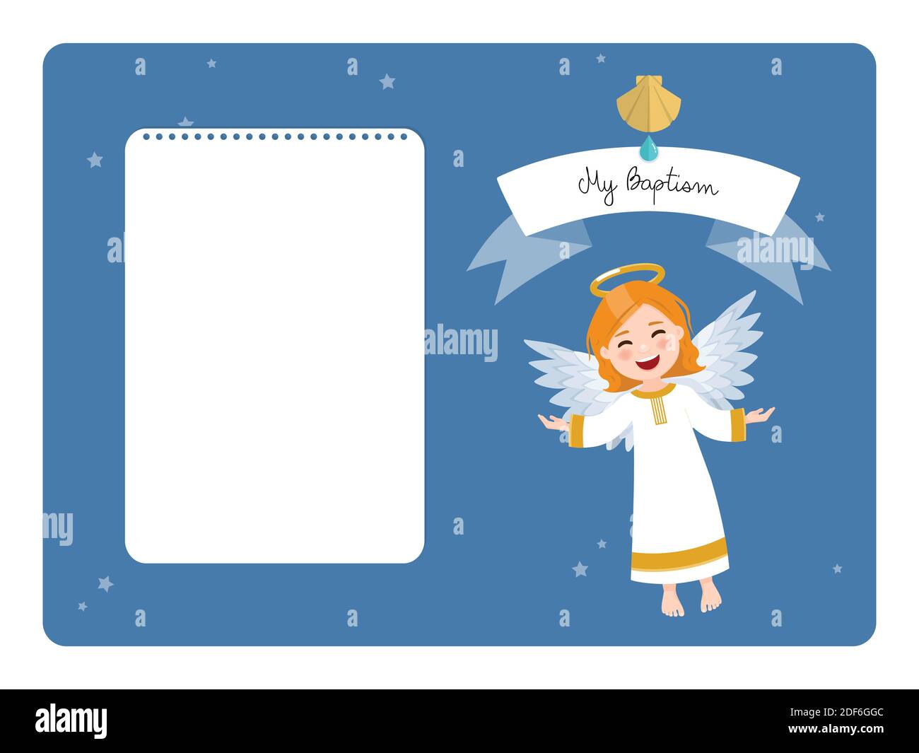Flying angel. My baptism horizontal invitation with message. Flat vector illustration Stock Vector