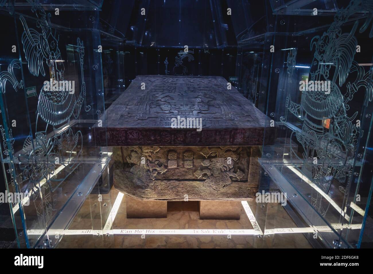 Palenque, Chiapas, Mexico - 22 May 2019: The tomb of Mayan king Pacal in the museum exhibition of the archaeological site of Palenque Stock Photo