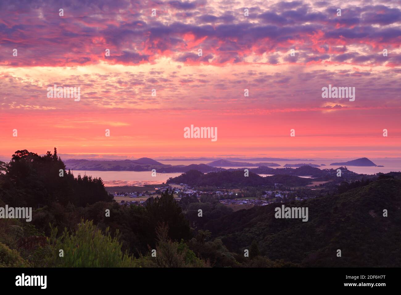 Sunset over the small town of Coromandel on the Coromandel Peninsula