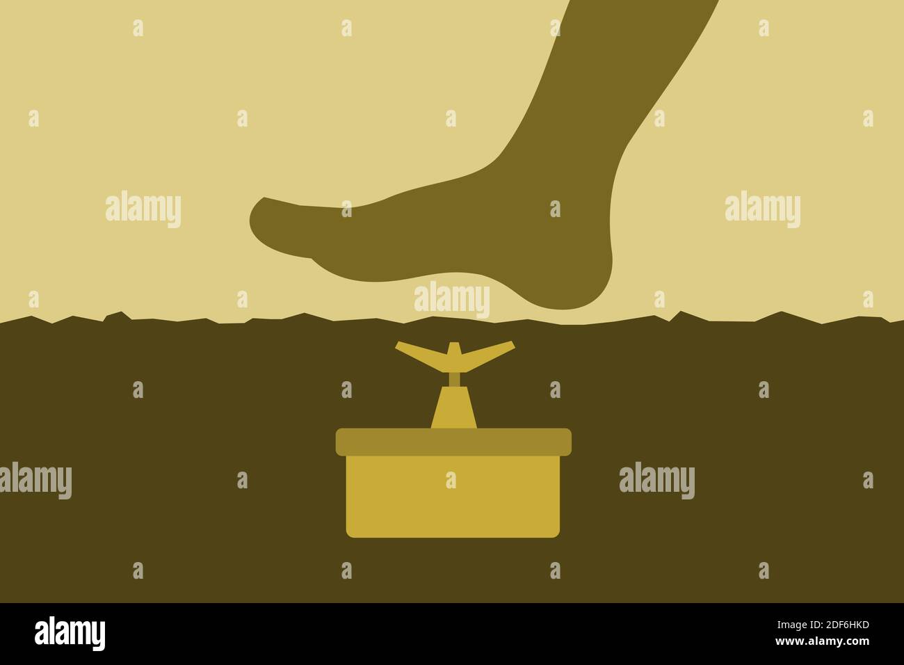 Anti-personnel landmine ( land mine ) is under surface of ground. Human foot and leg is goint to step and tread on the deadly military weapon. Minefie - Stock Image