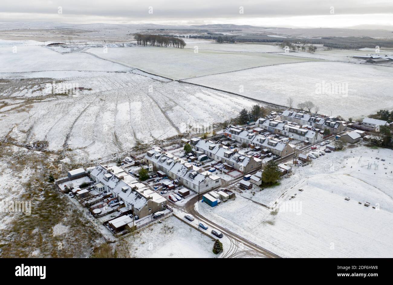 Tarbrax, South Lanarkshire, Scotland. 3rd Dec 2020. Weather: Aerial view of Tarbrax village, South Lanarkshire under a blanket on snow. Scotland, UK. 3rd December, 2020.    Credit: Ian Rutherford/Alamy Live News. Stock Photo