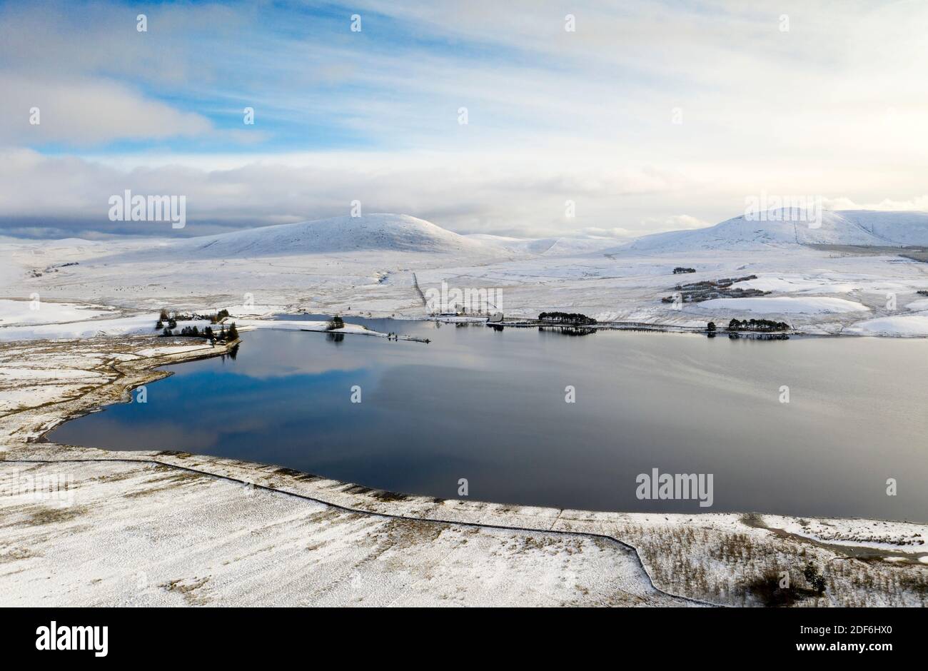 West Lothian, Scotland. 3rd Dec 2020. UK Weather: Aerial view of Harperrig Reservoir and the Pentland Hills Regional Park, West Lothian Scotland, UK. 3rd December, 2020.    Credit: Ian Rutherford/Alamy Live News. Stock Photo