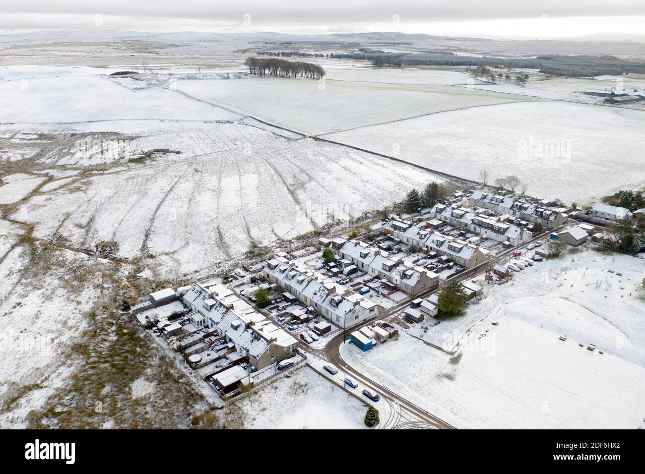 Tarbrax, South Lanarkshire, Scotland. 3rd Dec 2020. Weather: Aerial view of Tarbrax village, South Lanarkshire under a blanket on snow. Scotland, UK. 3rd December, 2020.    Credit: Ian Rutherford/Alamy Live News. Stock Photo