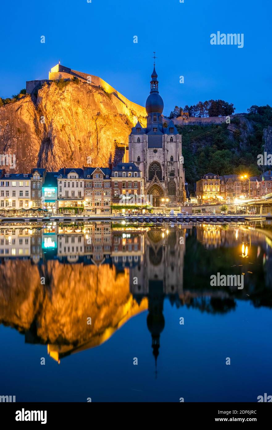 Scenic view of the town Dinant reflected in the river Meuse Stock Photo
