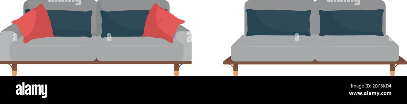 Grey sofa with black and red pillows flat color vector object set Stock Vector
