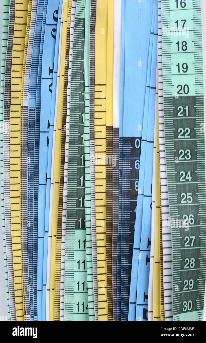 Measuring tape. Top view of measuring tape set close up Stock Photo
