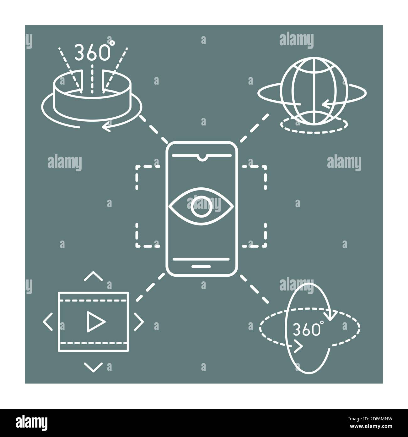 augmented reality, smartphone rotation 360 degree simulation vector illustration line style Stock Vector