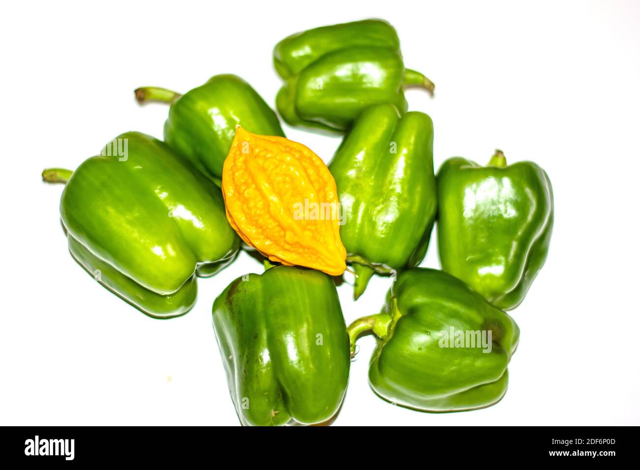 yellow bitter gourd between green capsicum with isolated background