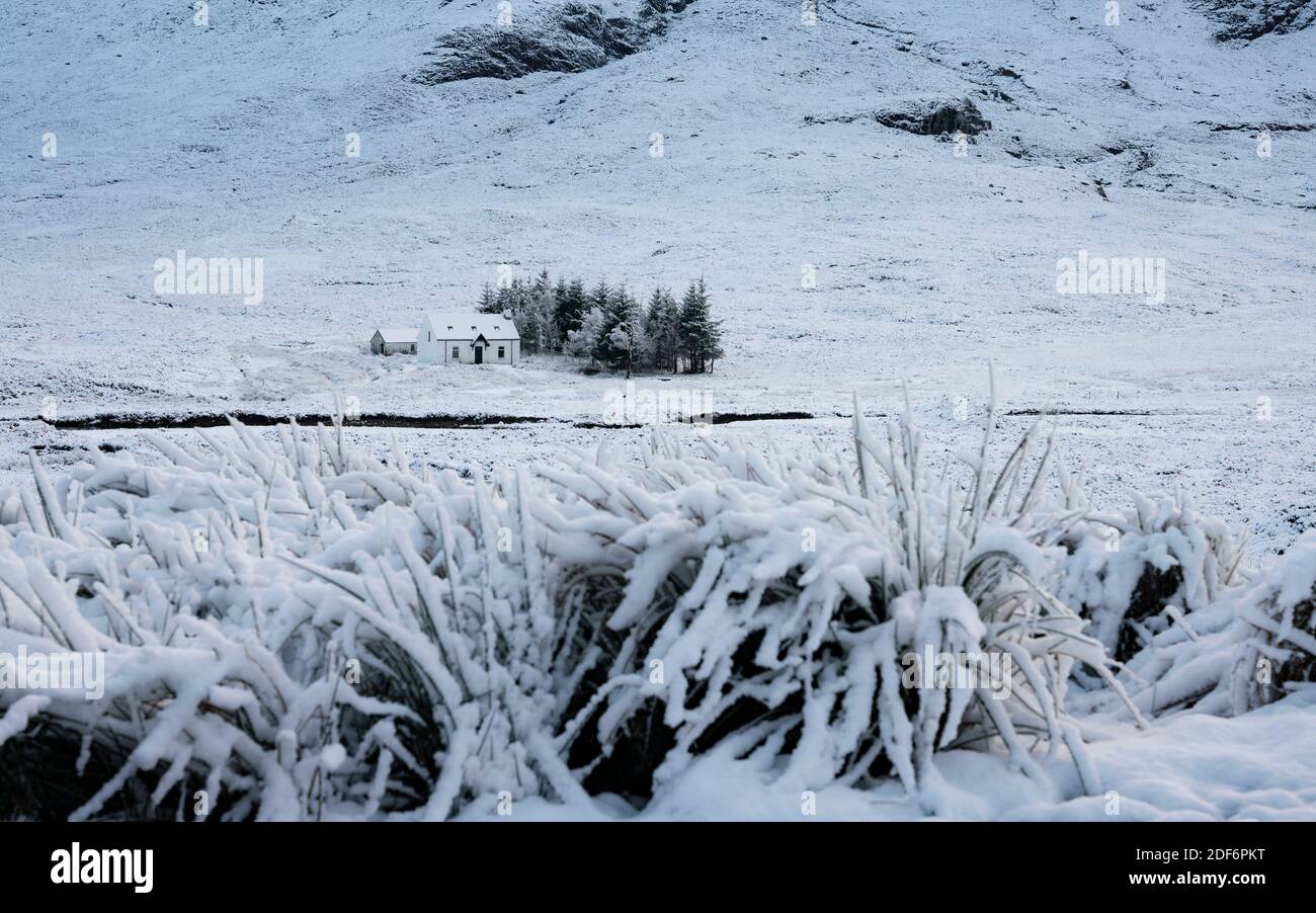 Glen Coe, Scotland, UK. 3 December 2020. A cold front has brought the first snowfall to the Scottish Highlands. Rannoch Moor and Glen Coe are covered in several inches of snow. Bright sunshine throughout the day created beautiful winter landscapes.  Pictured; Solitary cottage in the snow.  Iain Masterton/Alamy Live News Stock Photo