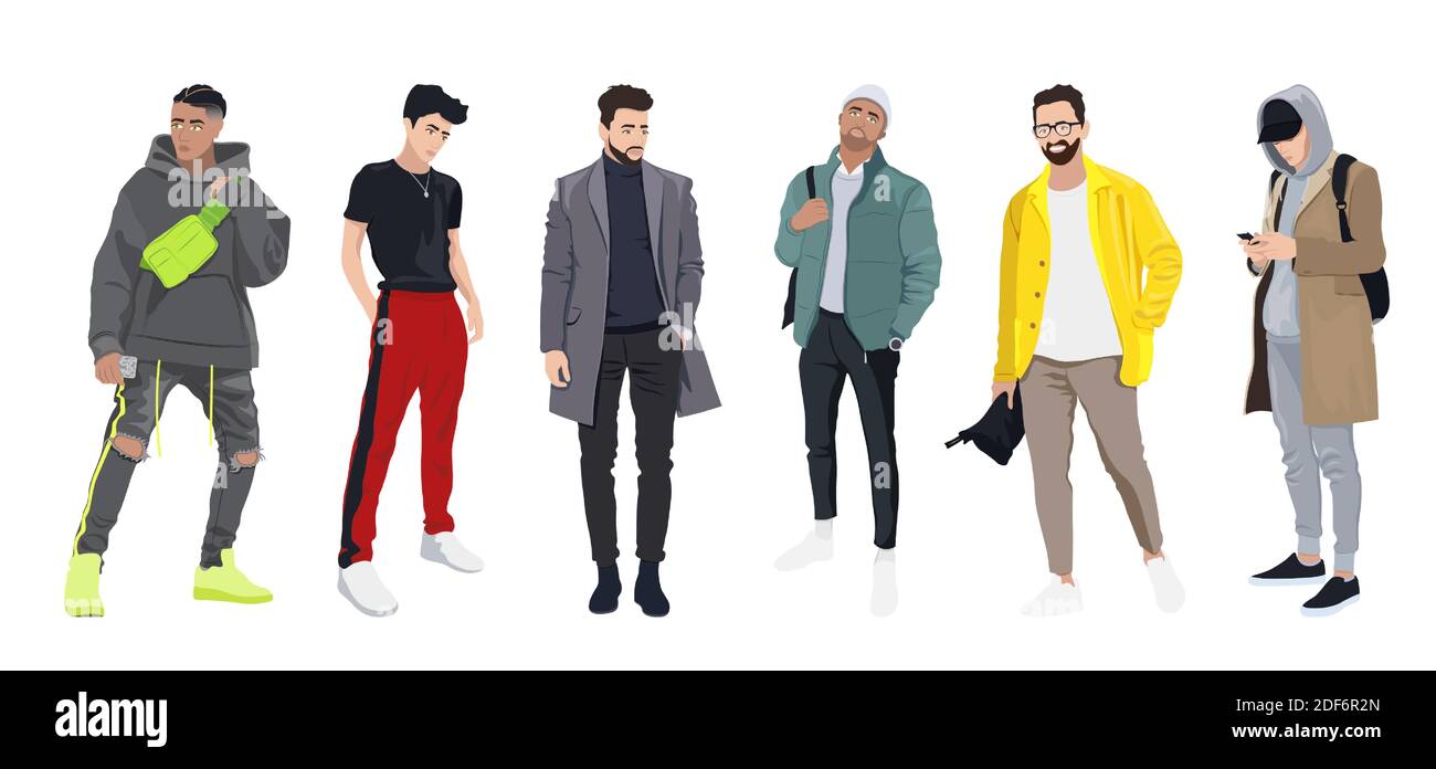 Set of men dressed in stylish trendy clothes - fashion street style Stock Vector