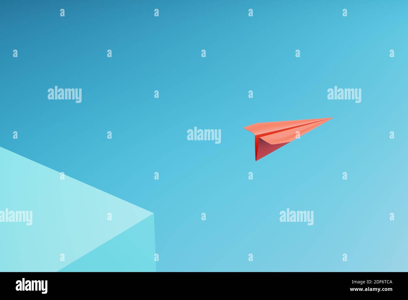 one red paper plane pointing in different way on blue background ...