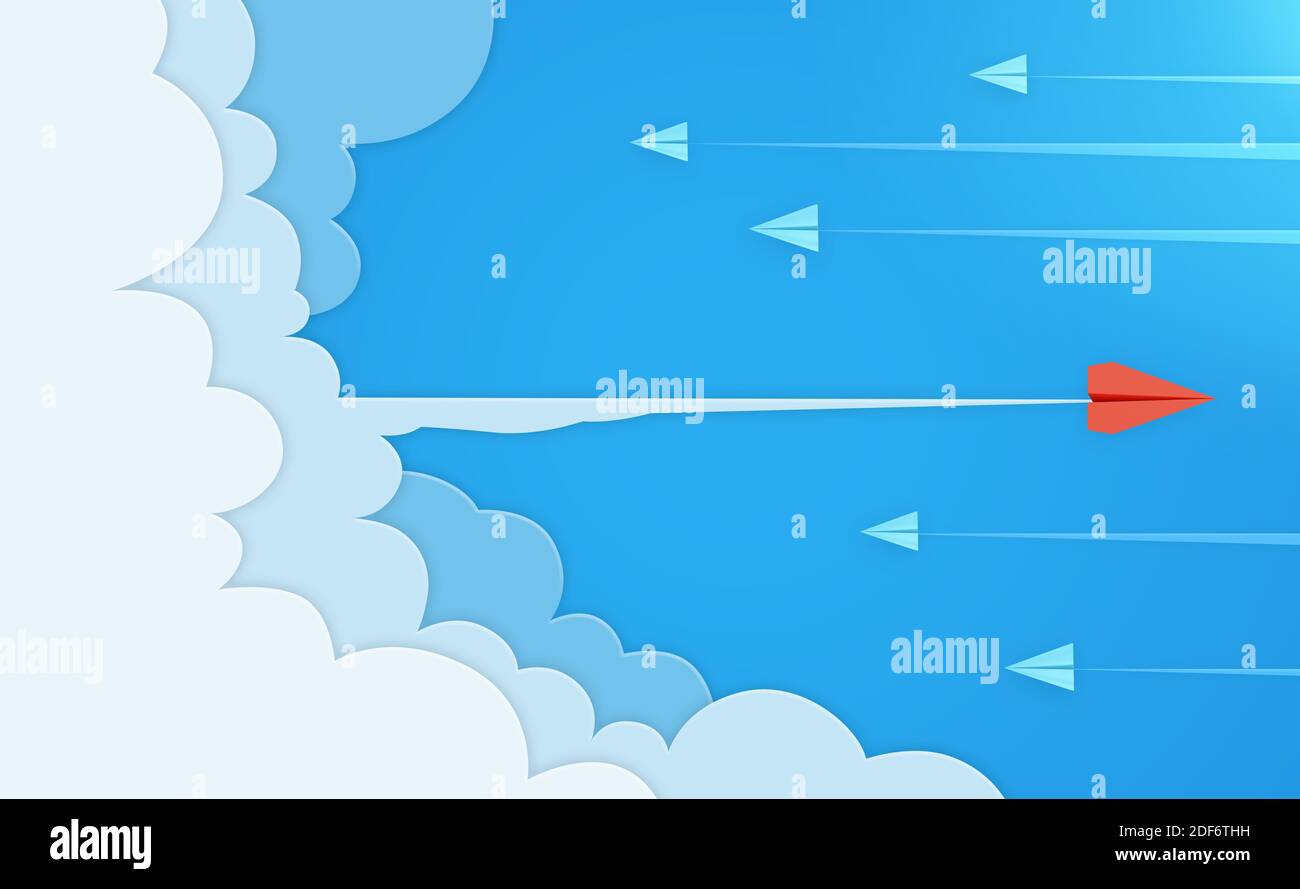 one red paper plane pointing in different way on blue background ...