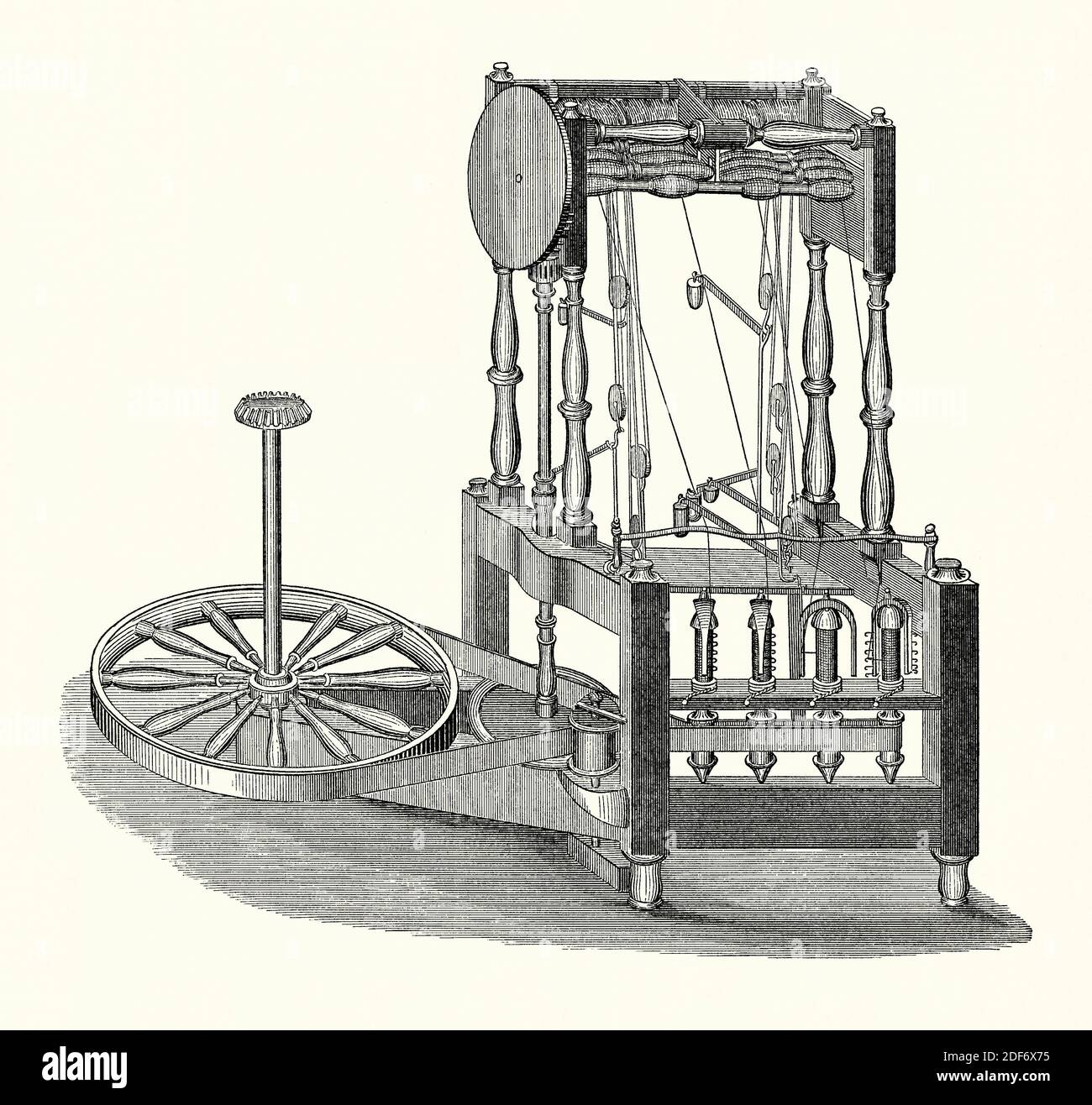 An old engraving of Arkwright’s water or spinning frame. It is from a Victorian mechanical engineering book of the 1880s. The water frame is a spinning frame that is powered by a water-wheel. Richard Arkwright (1732–1792), who patented it in 1769, designed the machine for making cotton thread. It was first used in 1765 and was able to spin 96 threads at a time, far faster than ever before. In 1770 Arkwright and partners built a water-powered mill in Cromford, Derbyshire, England, UK. It soon employed over 300 people and is often regarded as the first factory of the Industrial Revolution. Stock Photo