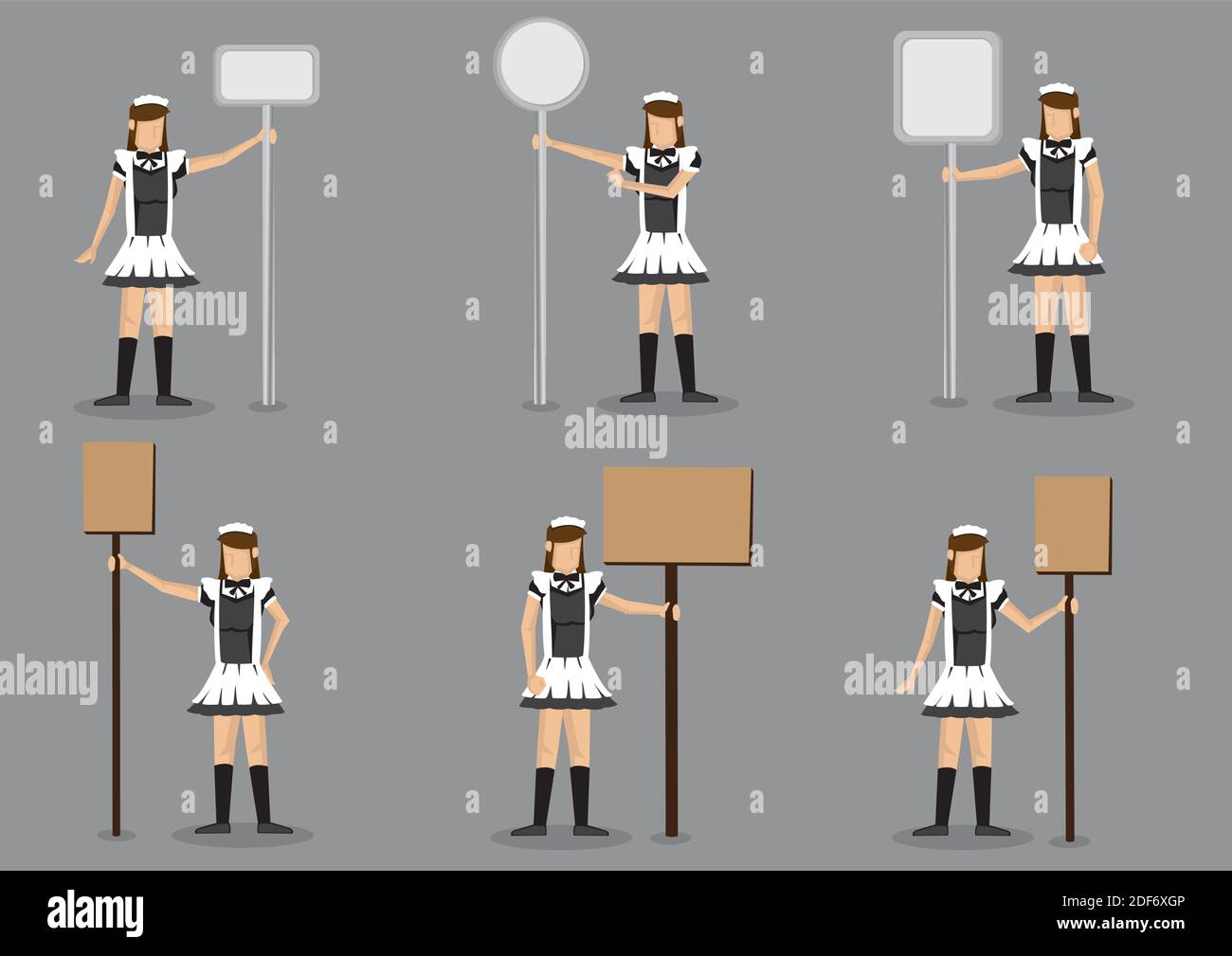 Set of six vector illustrations of girl in black and white french maid costume holding signboard with copy space on post isolated on grey background. Stock Vector