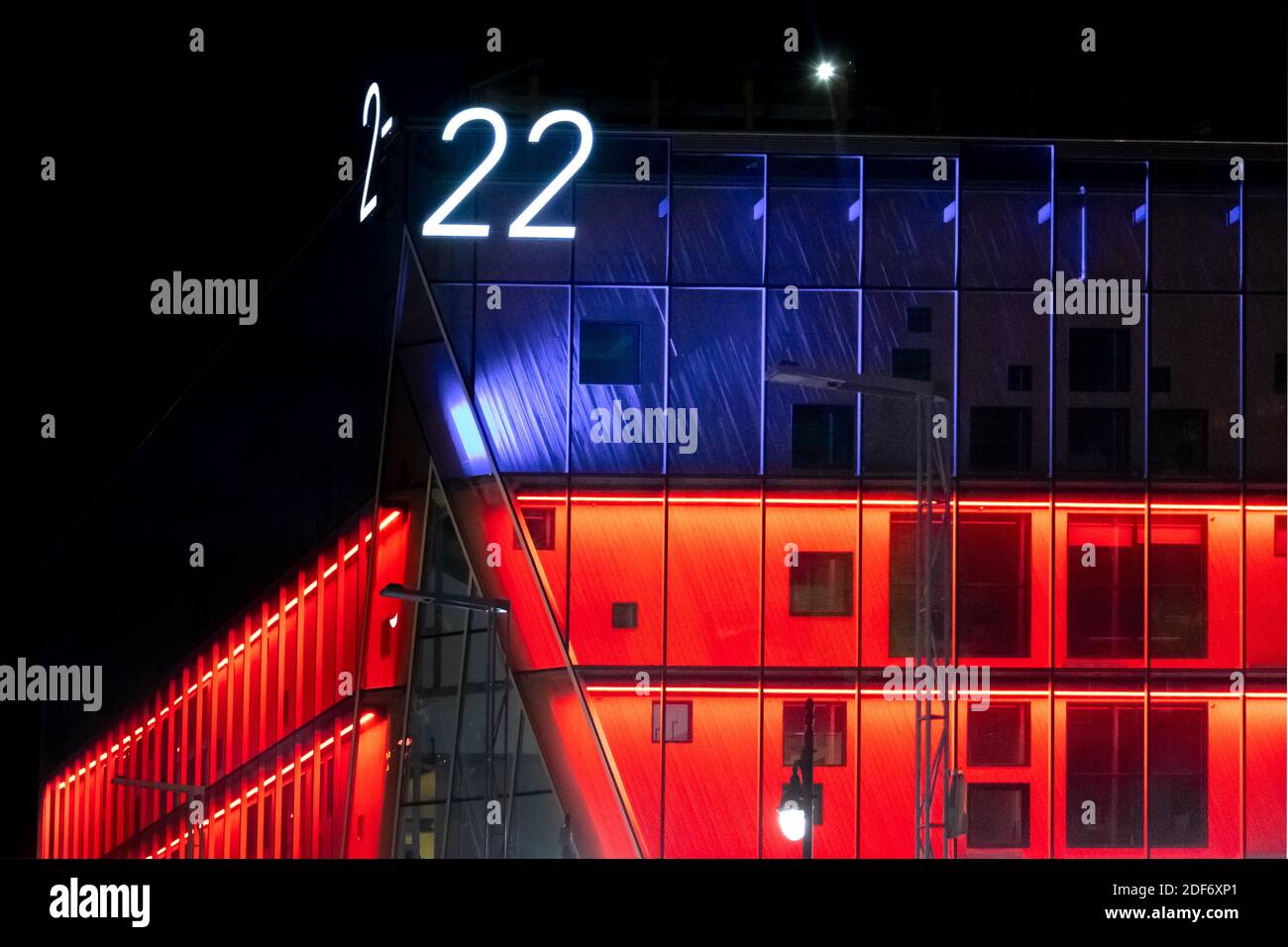Le 2-22 building at night, Montreal, Canada Stock Photo