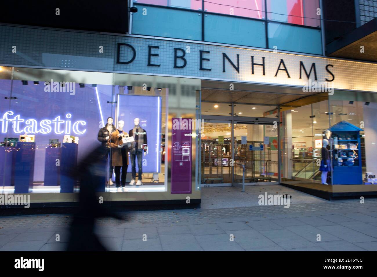 General view of the Oxford Street branch of Debenhams, with the  chain set to close after the failure of last-ditch efforts to rescue the ailing department store chain, meaning that 12,000 employees are likely to lose their jobs, when the chain's 124 shops cease trading Stock Photo