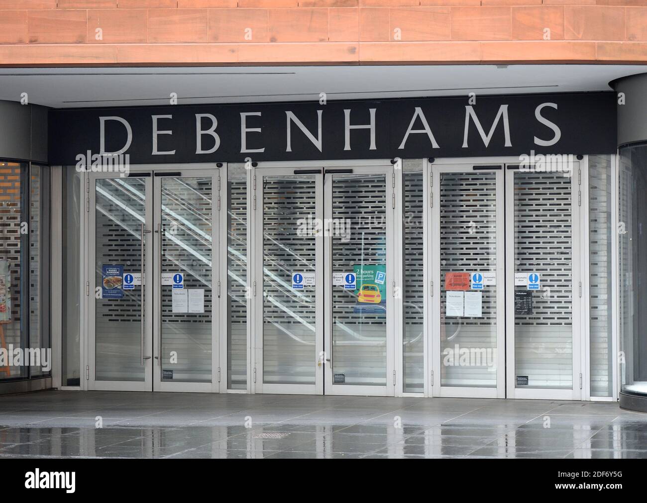 General view of the closed Debenhams store in Liverpool city centre, which is set to file for administration, after the Covid-19 Coronavirus lockdown forced it to shut its shops across the UK.  Debenhams announced today, on April 6, 2020 that it was having to file for administration as a consequence of having to shut all its stores across the UK under the covid-19 coronavirus lockdown. This is to be the second time in a year that the struggling retailer has filed for administration. Its present predicament comes not long after its permanent closure of 22 stores, resulting in more than 700 job Stock Photo