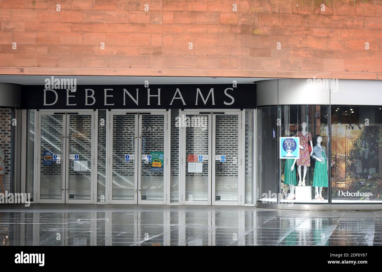 General view of the closed Debenhams store in Liverpool city centre, which is set to file for administration, after the Covid-19 Coronavirus lockdown forced it to shut its shops across the UK.  Debenhams announced today, on April 6, 2020 that it was having to file for administration as a consequence of having to shut all its stores across the UK under the covid-19 coronavirus lockdown. This is to be the second time in a year that the struggling retailer has filed for administration. Its present predicament comes not long after its permanent closure of 22 stores, resulting in more than 700 job Stock Photo