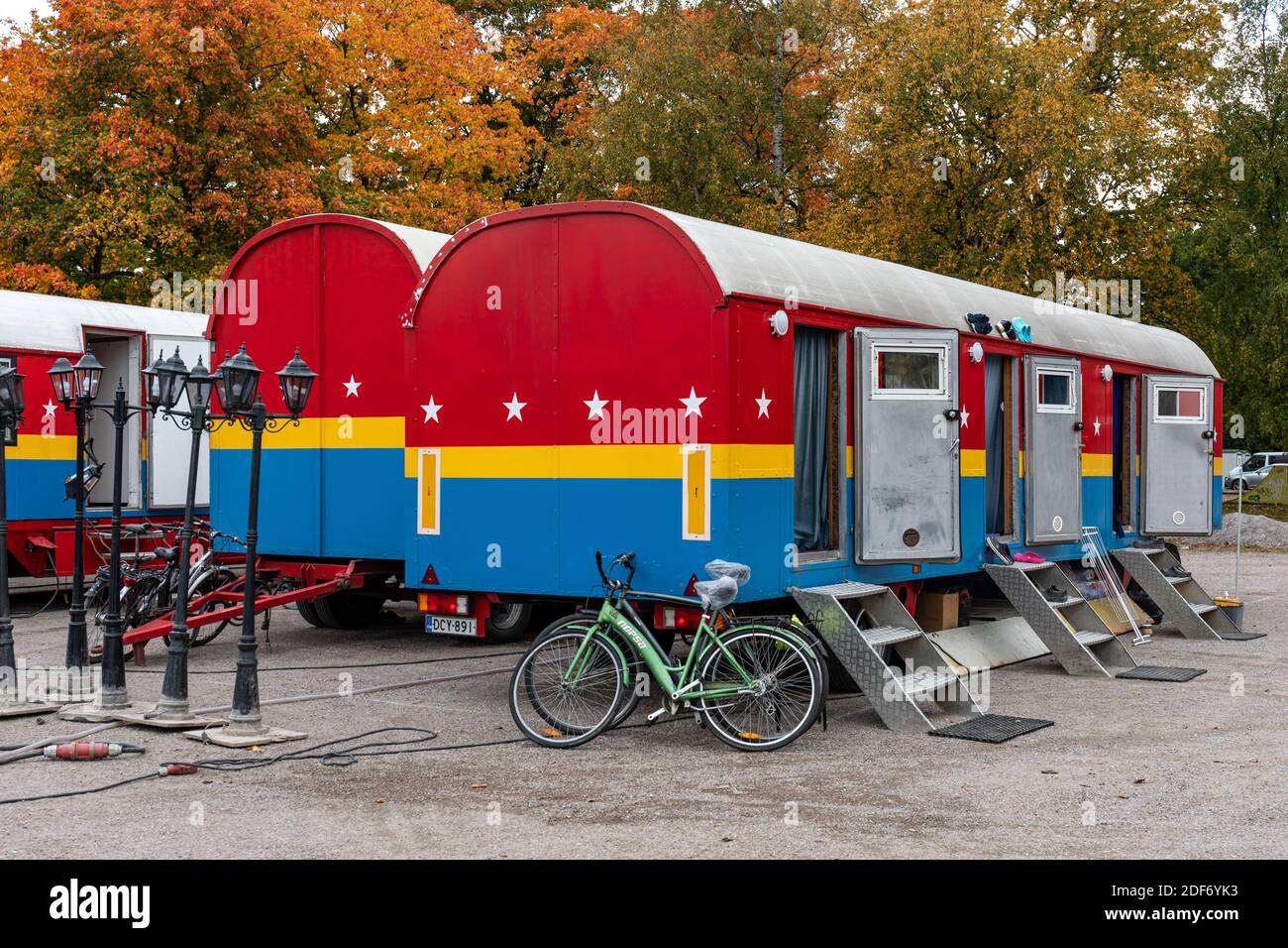 Circus wagons or circus trailers or circus mobile homes in Kaisaniemi field in Helsinki, Finland Stock Photo