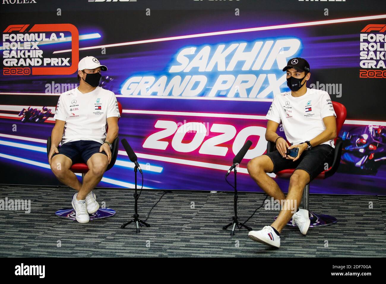 BOTTAS Valtteri (fin), Mercedes AMG F1 GP W11 Hybrid EQ Power+, RUSSELL  George (gbr), Mercedes AMG F1 GP W11 Hybrid EQ Power+, press conference  during the Formula 1 Rolex Sakhir Grand Prix