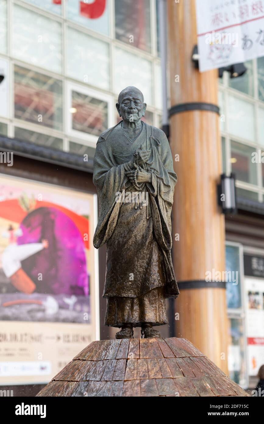 Statue of Gyoki (668–749),  Japanese Buddhist priest of the Nara period, in front of Kintetsu Nara Station, Nara City, Nara Prefecture, Japan Stock Photo