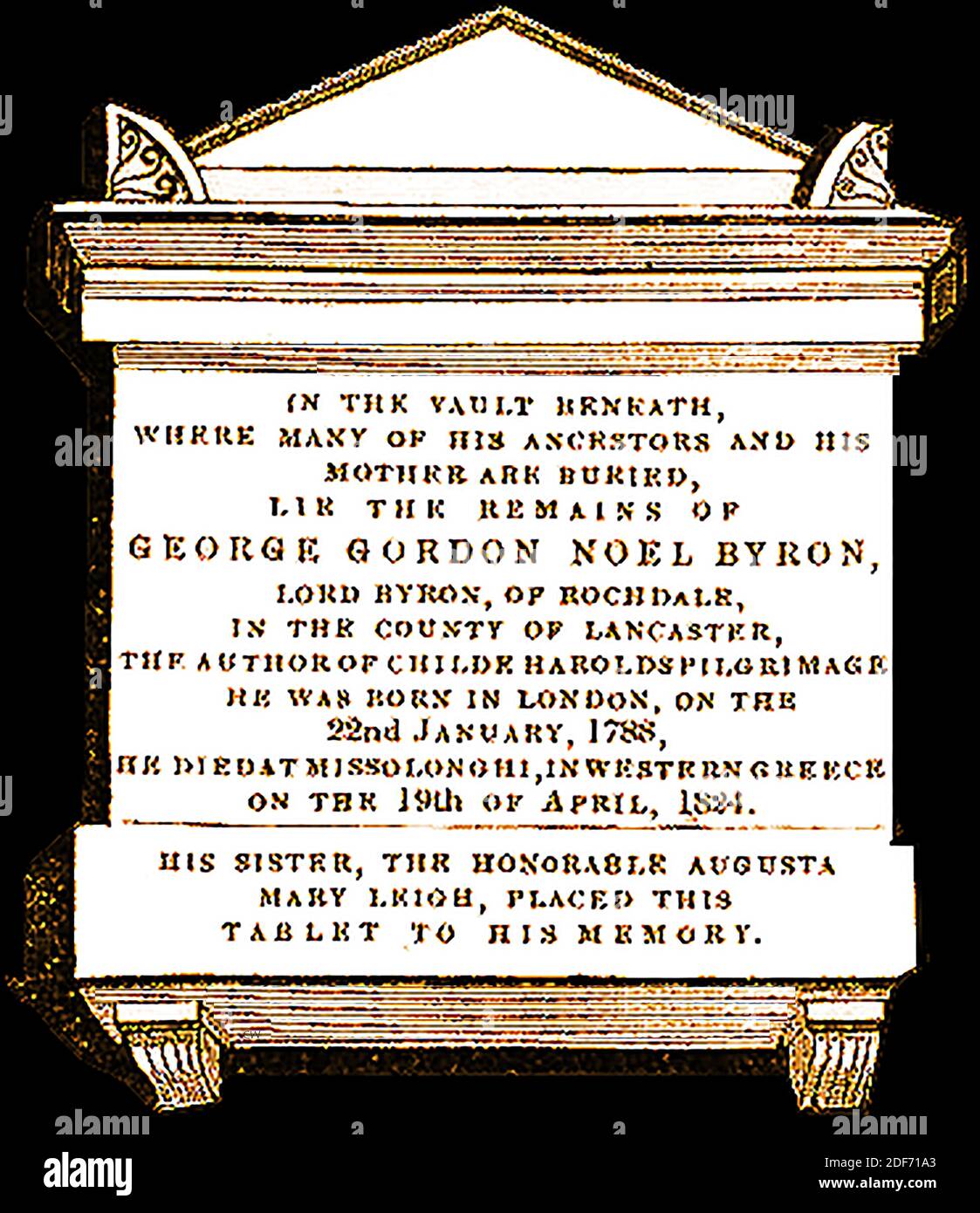 Memorial tablet above the grave of Lord Byron (George Gordon Noel Byron - Lord Byron of Rochdale ) , Peer, poet and politician , at St Mary Magdalene church Hucknall, Nottinghamshire, England in 1842. He added the name Noel to his own   so as to inherit half of the  estate of his mother in law Judith Noel, the Honorable  Lady Milbanke Stock Photo