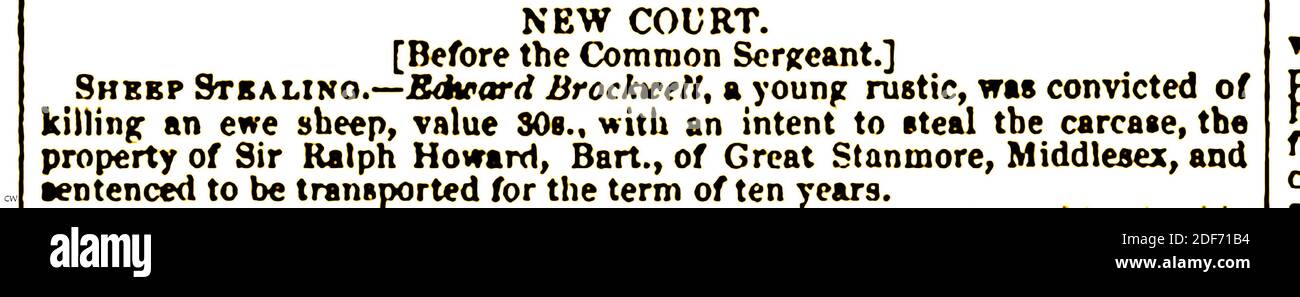 An 1842 English newspaper reporting  a case of transportation for sheep stealing. Bernard Brockwell, Great Stanmore, Middlesex 'A young rustic' (presumably from a farming family) convicted of killing a ewe owned by Sir Ralph Howard. Stock Photo