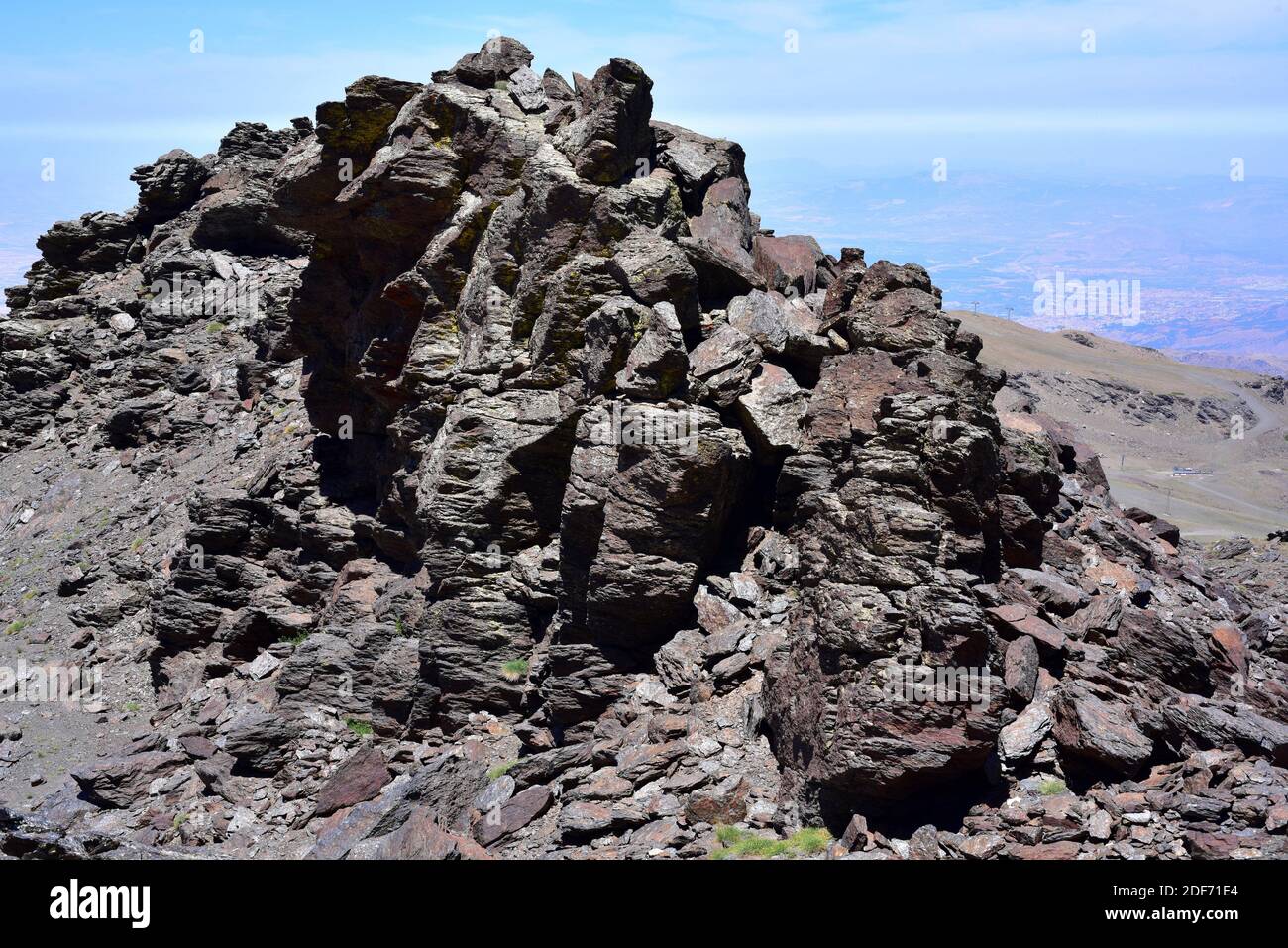 Black schist in Sierra Nevada National Park. Schist is a metamorphic rock. Stock Photo