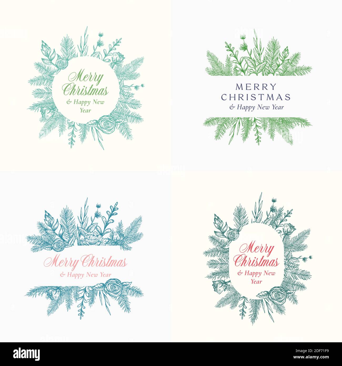 Merry Christmas Abstract Botanical Logos or Cards with Frame Banner and Modern Typography Collection. Hand Drawn Spruce or Pine Branches and Flowers Stock Vector