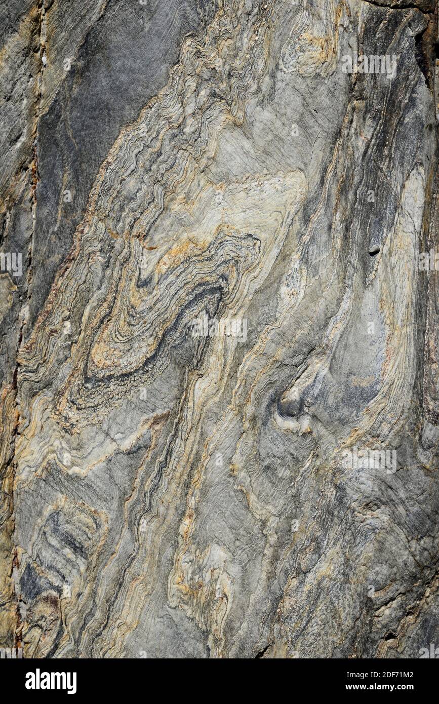 Micro folds on metemorphic rock. This photo was taken in Cap Ras, Girona province, Catalonia, Spain. Stock Photo