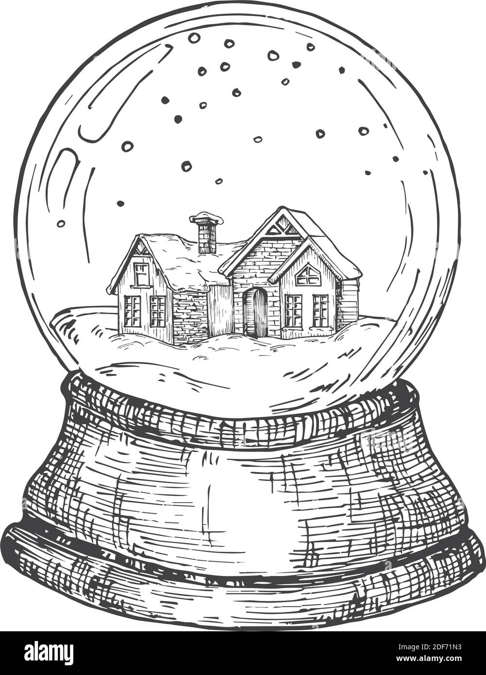 Hand Drawn Christmas Snow Ball with Toy House Inside. Abstract Sketch Vector Illustration. Winter Holiday Engraving Style Drawing. Isolated Stock Vector