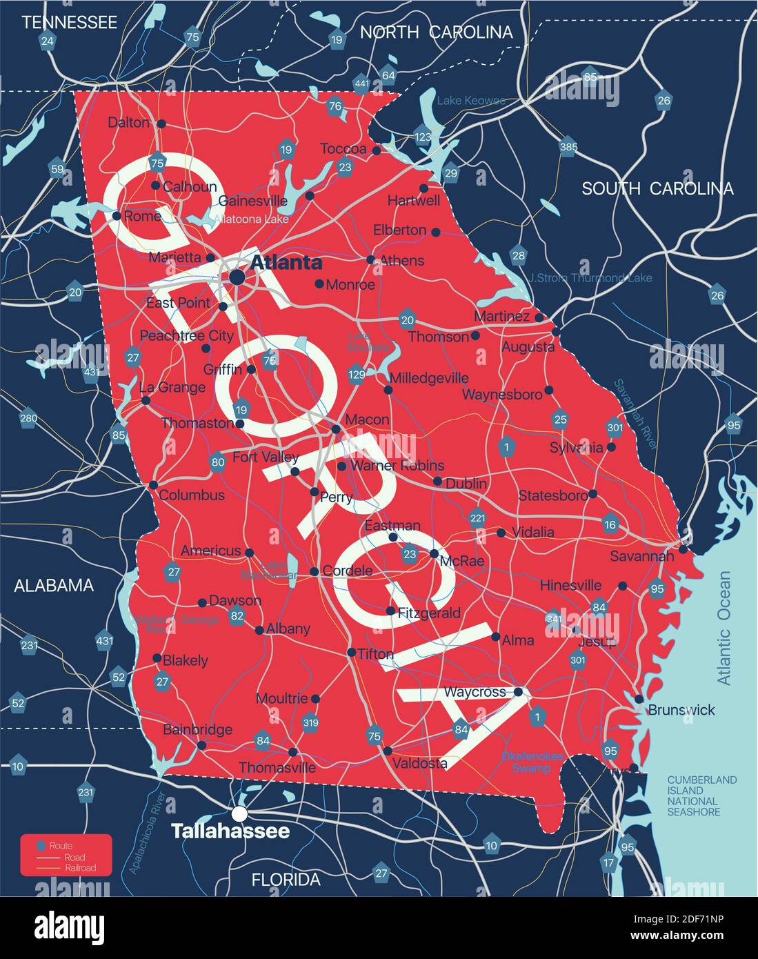 Georgia state detailed editable map with with cities and towns, geographic sites, roads, railways, interstates and U.S. highways. Vector EPS-10 file, Stock Vector