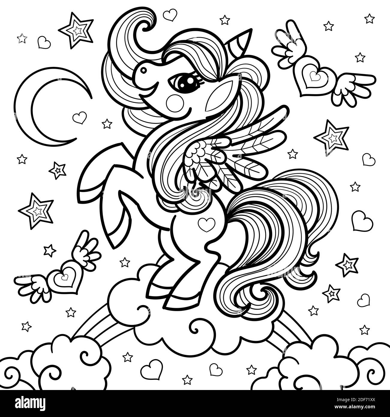 A cartoon unicorn riding a rainbow. Black and white image. Doodle style. For children's design of coloring books, postcards, tattoos, prints. posters, Stock Vector