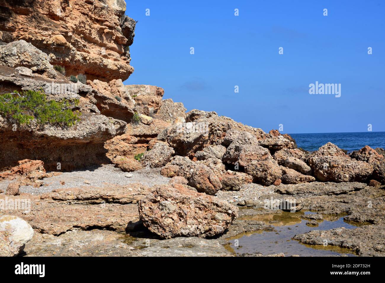 Conglomerate coast. L'Ametlla de Mar, Tarragona province, Catalonia, Spain. Stock Photo
