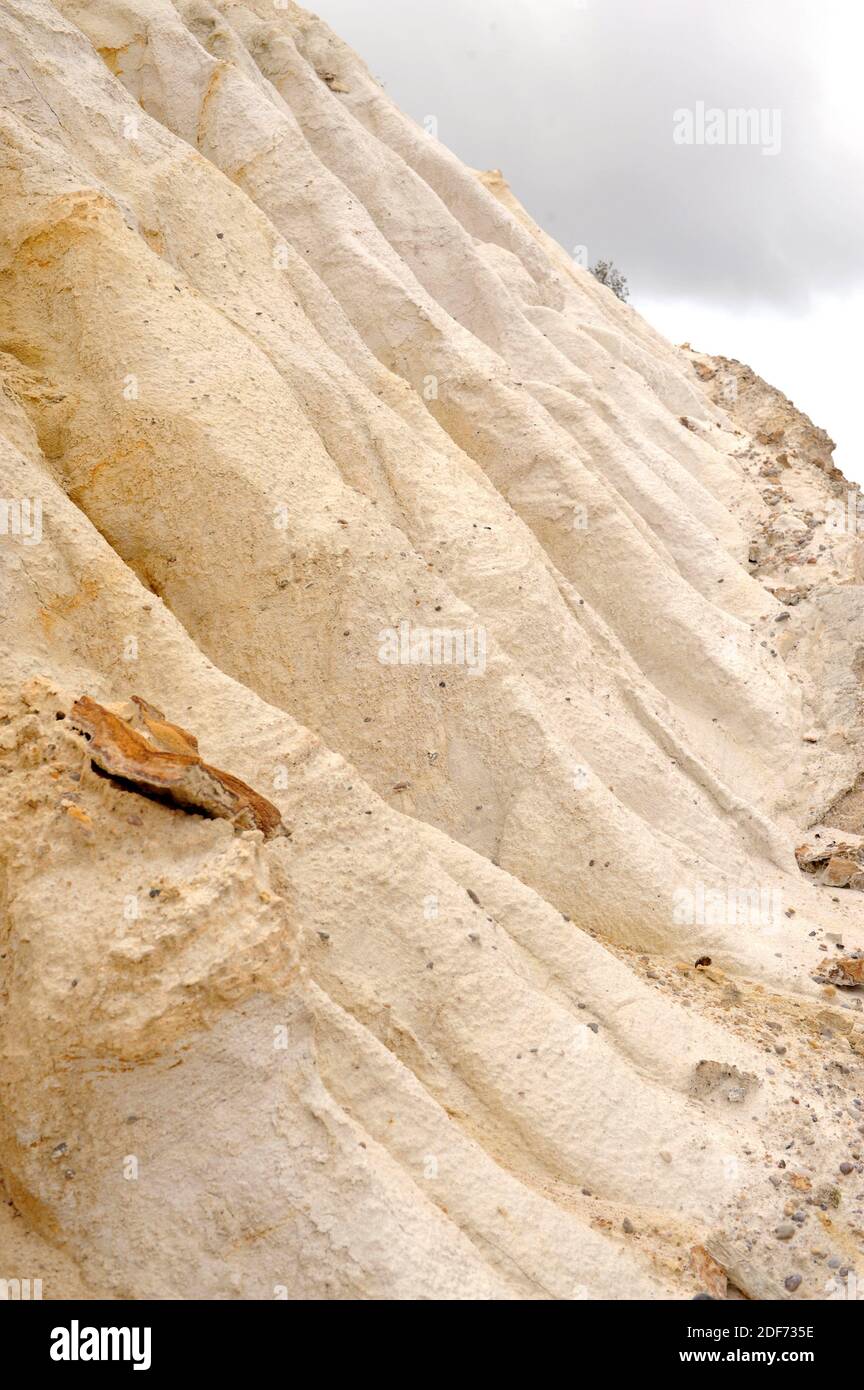 Kaolin is a sedimentary rock with kaolinite mineral (aluminium silicate). This photo was taken in Villel, Teruel province, Aragon, Spain. Stock Photo
