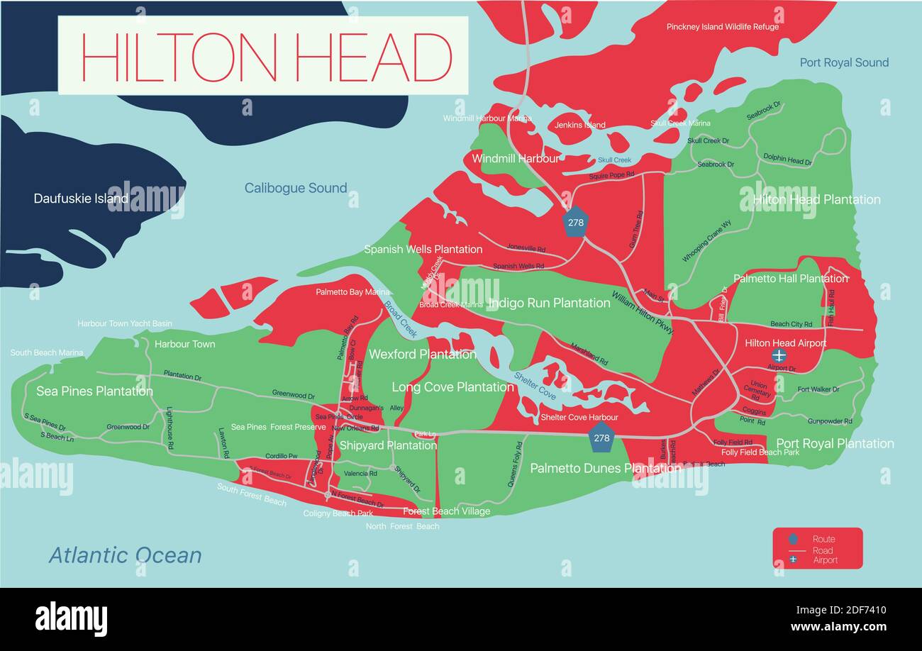 Hilton Head detailed editable map - Hilton Head Detailed Editable Map With With Geographic Sites Roads And Streets Vector Eps 10 File Trending Color Scheme 2DF7410 