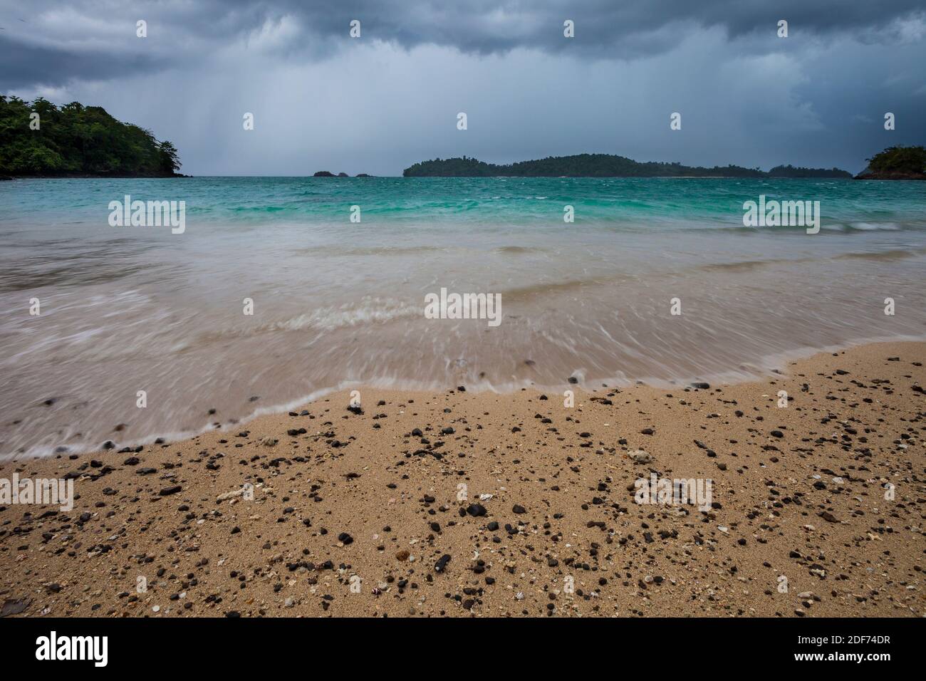 Panama landscape with approaching storm at the northern tip of Coiba island in Coiba island national park, Pacific coast, Republic of Panama. Stock Photo