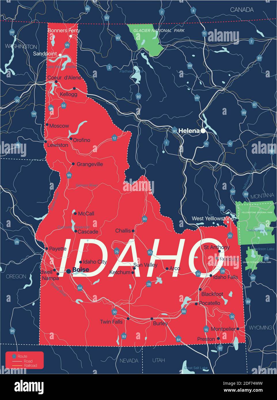 Idaho state detailed editable map with with cities and towns, geographic sites, roads, railways, interstates and U.S. highways. Vector EPS-10 file, tr Stock Vector