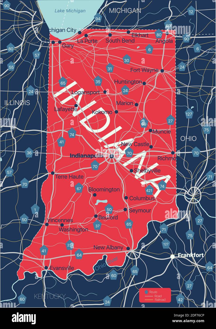 Indiana state detailed editable map with with cities and towns, geographic sites, roads, railways, interstates and U.S. highways. Vector EPS-10 file, Stock Vector