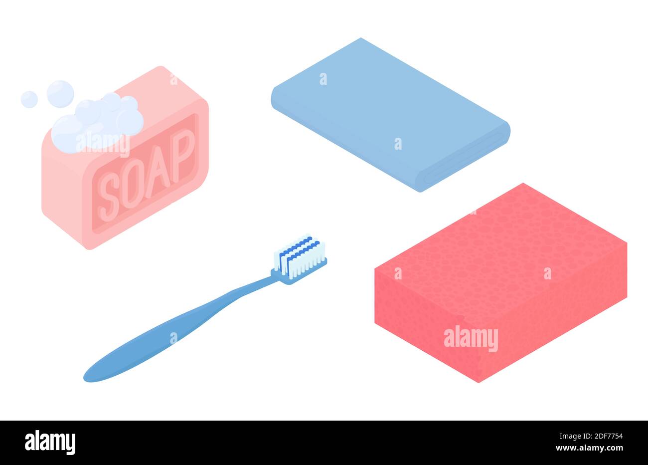 Hygienic products isometric set isolated on white. Pink soap, blue toothbrush and towel icons. Cartoon vector Illustration. Stock Vector