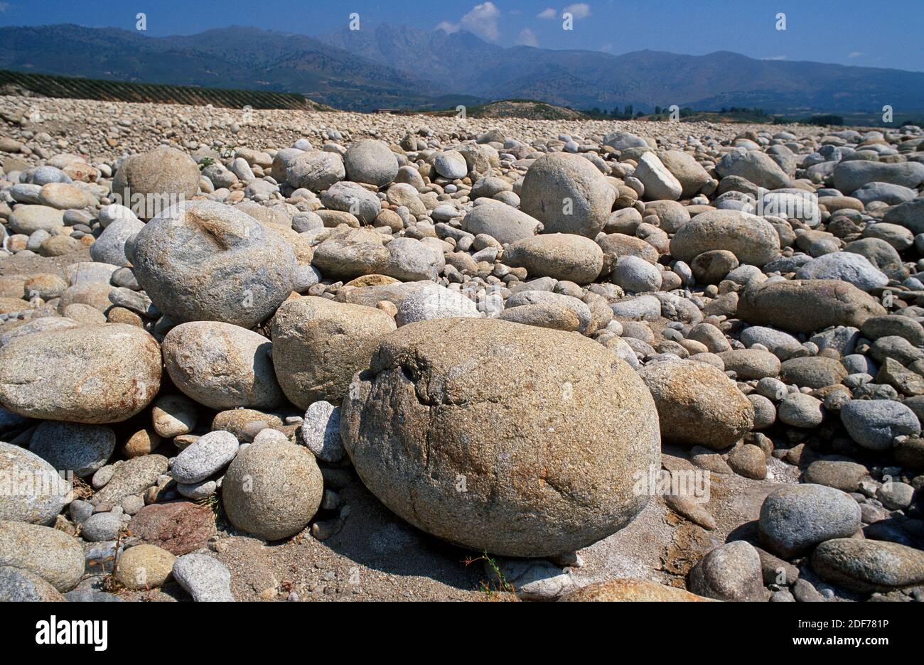 Blockfield and pebble gravel on a torrent. This photo was taken in Caceres province, Extremadura, Spain. Stock Photo